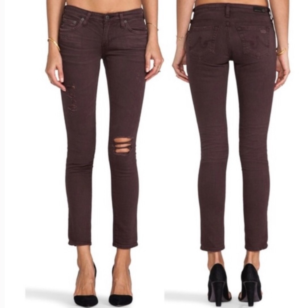 AG legging ankle destroyed plum brown skinny jeans